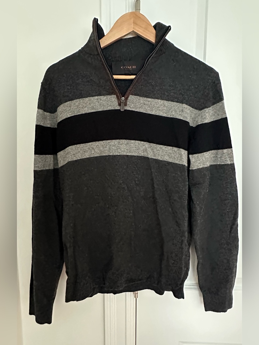 Coach Men's Charcoal & Black Striped Quarter-Zip Sweater